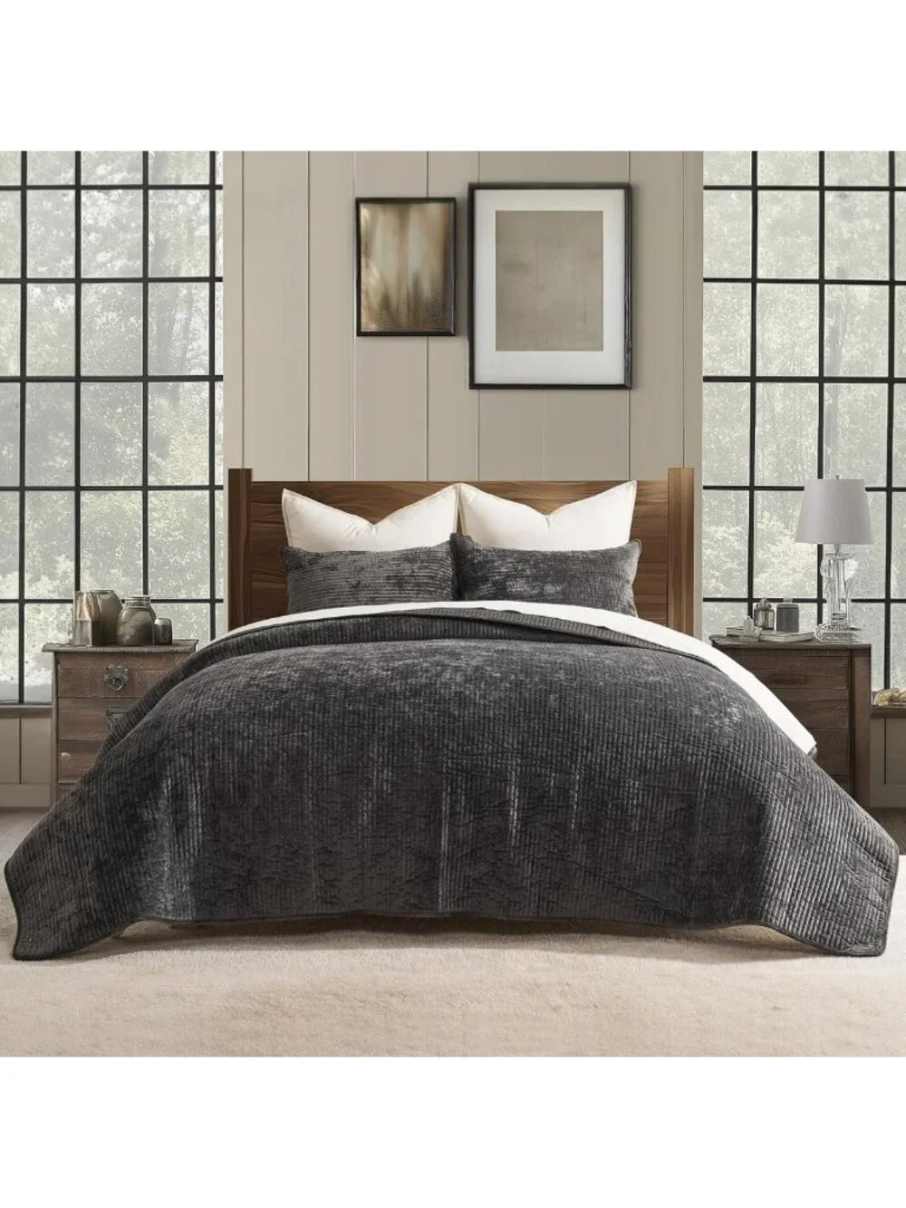 Luxurious Striped Velvet Quilt Set, King Size, Soft Washed Black Bedding